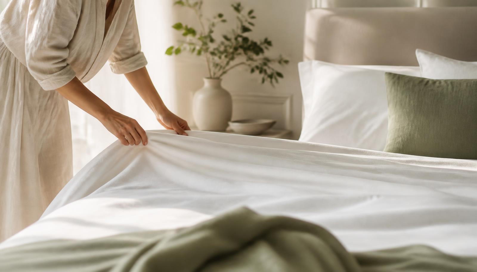 Fresh white linen sheets being smoothed onto a bed in a serene neutral bedroom