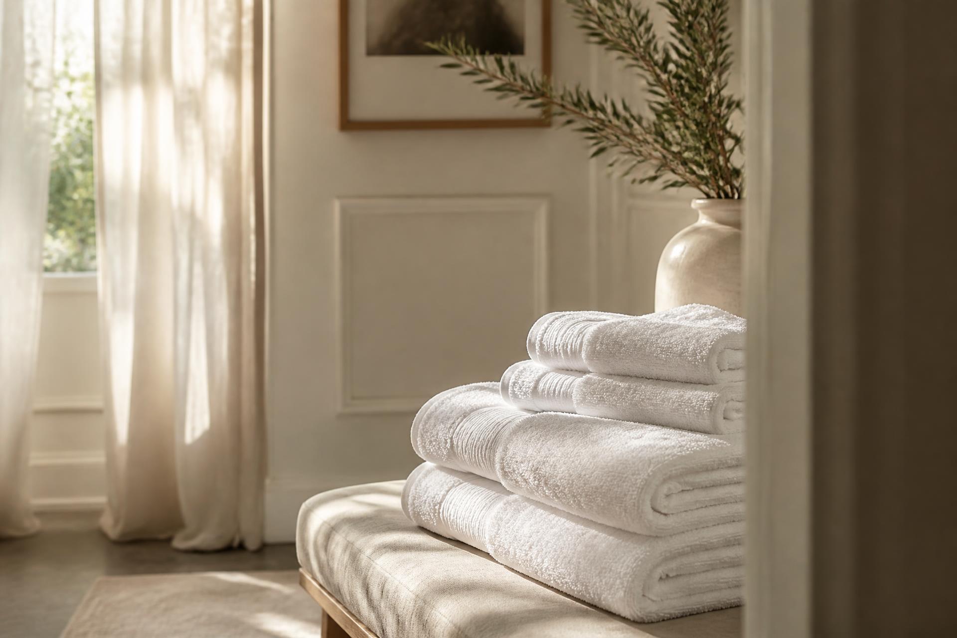 Freshly folded white towels resting on a linen bench in a sunlit cream room