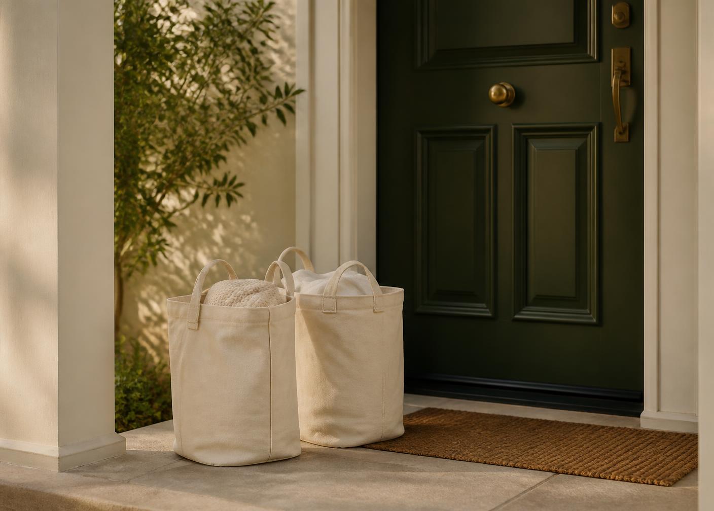Two cream canvas laundry bags waiting beside a deep green front door on a covered porch